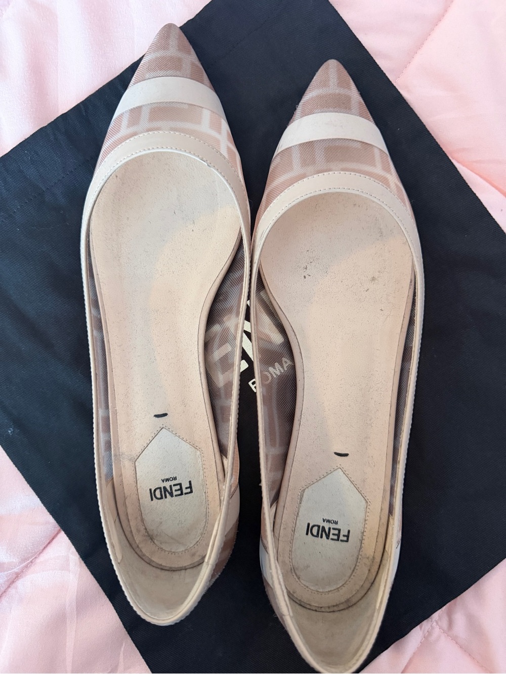 Fendi Beige and Cream Pointed-Toe Logo Flats